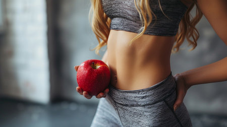 Sporty young woman with red apple in gym. Diet concept.の素材