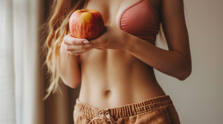 Cropped image of young beautiful woman in sportswear holding appleの素材
