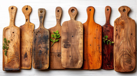 Wooden cutting boards with herbs on white wooden background. Top view.の素材