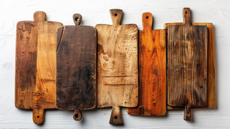 Set of wooden cutting boards on a white background. Top view.の素材