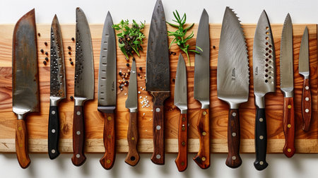 Set of kitchen knives on wooden cutting board with herbs and spices.の素材