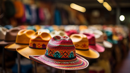 Colorful hats in a market in Portugal. Selective focus.の素材