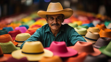 Smiling Master Hatmaker in his Rustic Workshop Surrounded by Handmade Creationsの素材