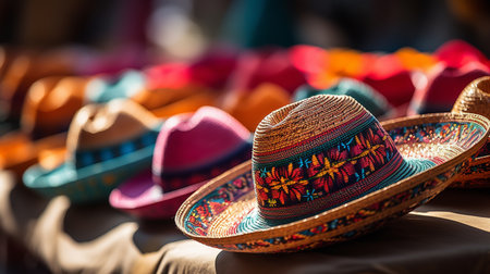 Colorful Mexican hats for sale in the street market in Mexico.の素材