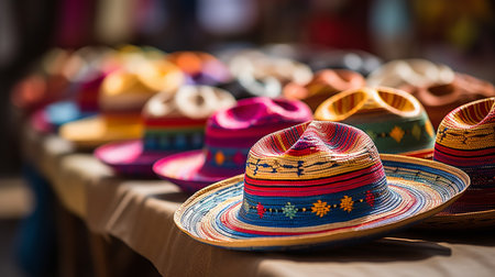 Mexican hats for sale at a market in Mexico, Latin Americaの素材