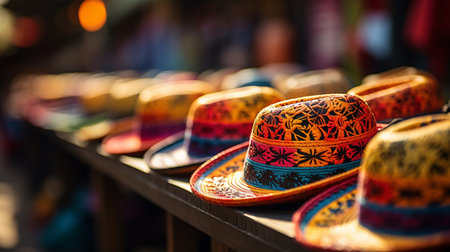 Colorful hats for sale at a souvenir shop in Thailand.の素材