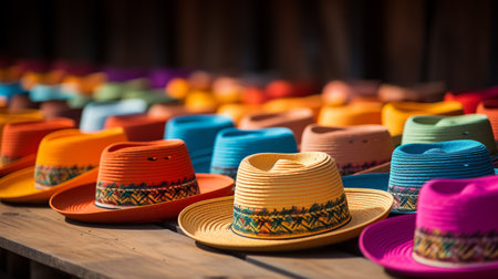 Colorful hats in a row on a wooden table. Selective focus.の素材
