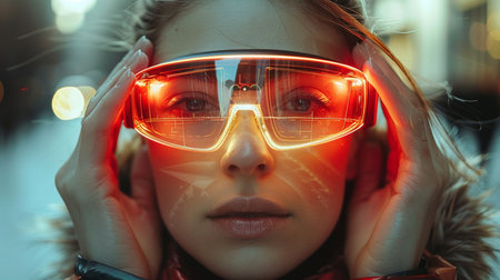 Close-up portrait of a girl in a red coat and ski gogglesの素材