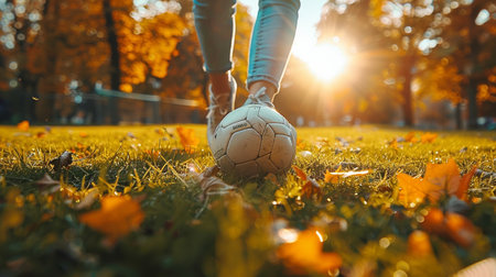 Close up of legs of young woman with soccer ball in autumn parkの素材