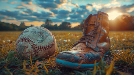 Baseball and old shoes on the grass in the park at sunsetの素材