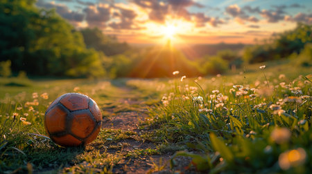 Soccer ball in the grass at sunset. Beautiful nature background.の素材