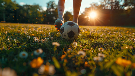 Soccer player with ball on the field at sunset, close upの素材