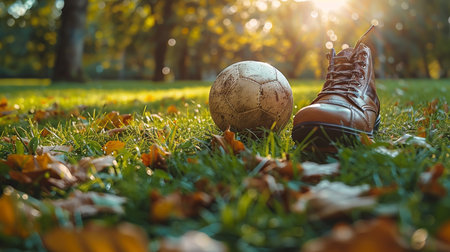 Soccer ball and boots on the grass in autumn park. Close upの素材