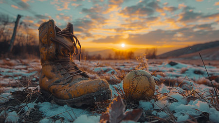 Old boots and a ball in the snow on the background of the sunsetの素材