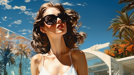 3d illustration of a beautiful woman in sunglasses on the background of palm treesの素材