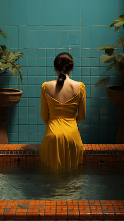 Beautiful girl in a yellow dress is standing in the bathroom.の素材