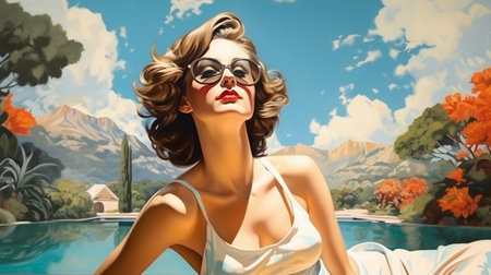 3d illustration of a beautiful girl in a white dress and sunglassesの素材