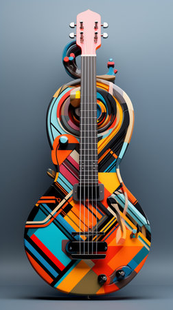 Colorful electric guitar on a dark background. 3d illustration.の素材