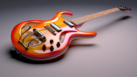 Orange electric guitar on a gray background. 3d render image.の素材