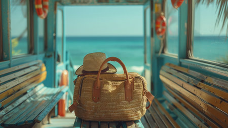 Beach bag and hat on a bench near the sea. travel conceptの素材