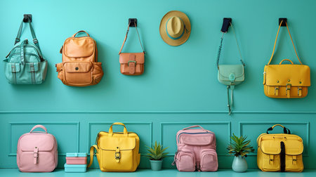 3d render of a set of travel bags on a turquoise wallの素材