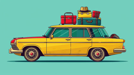 Retro car with suitcases on the roof. Vector illustration.の素材