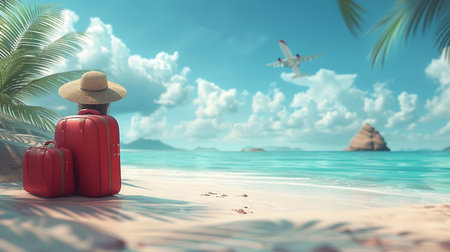 Traveling with a suitcase on a tropical beach. 3d renderingの素材