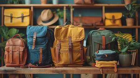 Set of colorful backpack on shelf in room. Travel and adventure conceptの素材