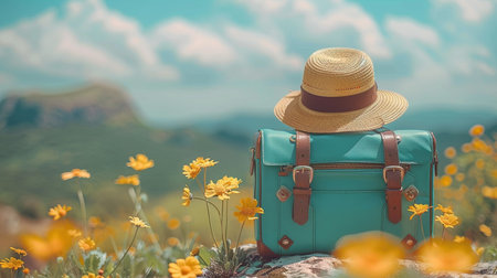 Traveler with a suitcase and a straw hat on the top of the mountain.の素材
