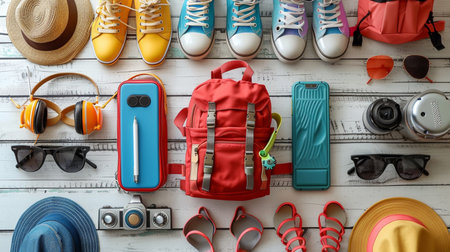 Traveler's accessories on a blue wooden background. Top view.の素材
