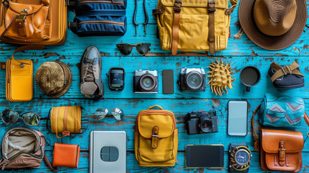 Set of various travel backpacks and photo camera on gray background.の素材