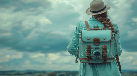 Young woman with backpack and hat looking at the sky. travel conceptの素材