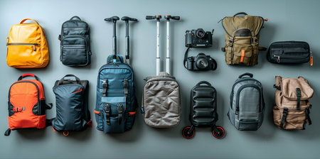 Set of travel equipment on gray background. Top view. Flat layの素材