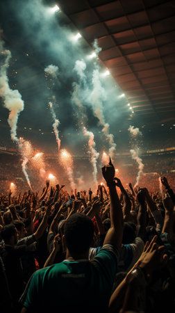 Crowd cheering at a music festival in front of a large screenの素材