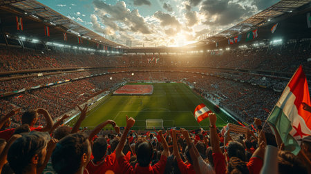 Soccer fans in the stands of the stadium during the match.の素材