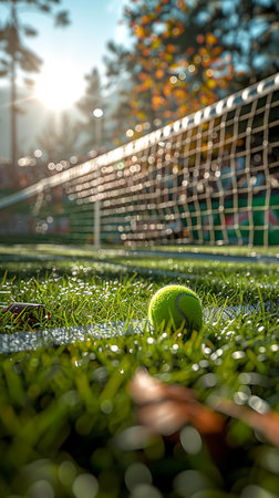 Tennis ball on green grass with blurred net in the background.の素材
