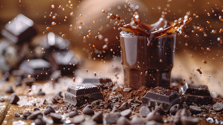 Chocolate splashes and pieces of chocolate on a wooden table, close-upの素材