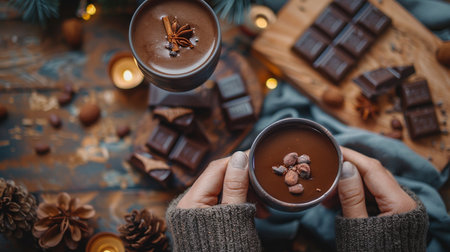 Female hands hold cups of hot chocolate with marshmallows, cinnamon, star anise and chocolate on rustic wooden background.の素材
