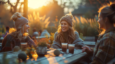 Group of young women having a coffee break on a terrace in autumnの素材