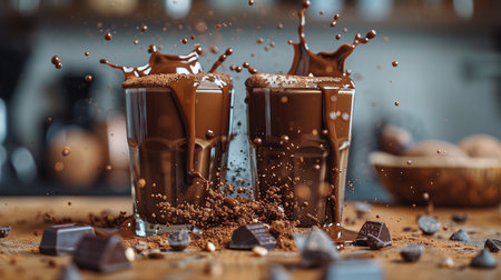 Chocolate milk splashing into a glass with chocolate pieces on a wooden tableの素材