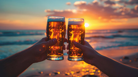 Two hands holding glasses of beer on the background of the sea at sunsetの素材