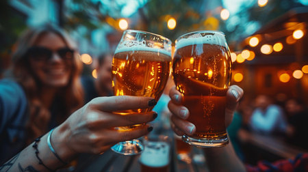Group of friends toasting with beer at a rooftop party. Focus on glasses with beer.の素材