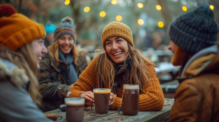 Friends drinking coffee in a cafe. Group of friends having fun outdoors.の素材