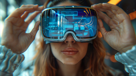 Young woman wearing virtual reality goggles in futuristic room. Future technology concept.の素材