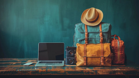 Traveler's accessories and laptop on wooden table. Vintage style.の素材