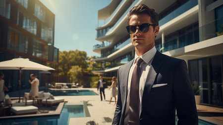 Handsome young man in suit and sunglasses is standing near the swimming pool.の素材