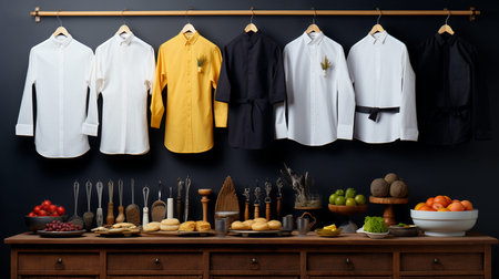 Interior of a modern kitchen with white and yellow clothes hanging on the wallの素材