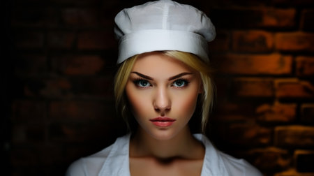 Portrait of a beautiful young woman chef in white uniform and hat.の素材