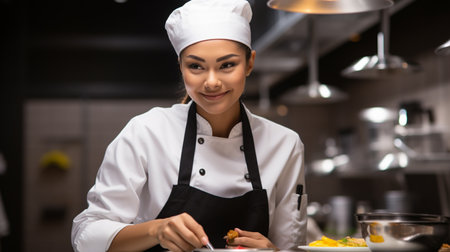 young asian female chef in apron and apron cutting potatoesの素材