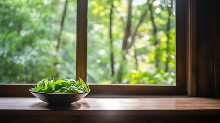 Fresh green salad in a bowl on a wooden table with window backgroundの素材